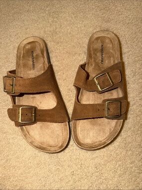 Khombu Kids Tan Brown Suede Double-Buckle Slide Sandals